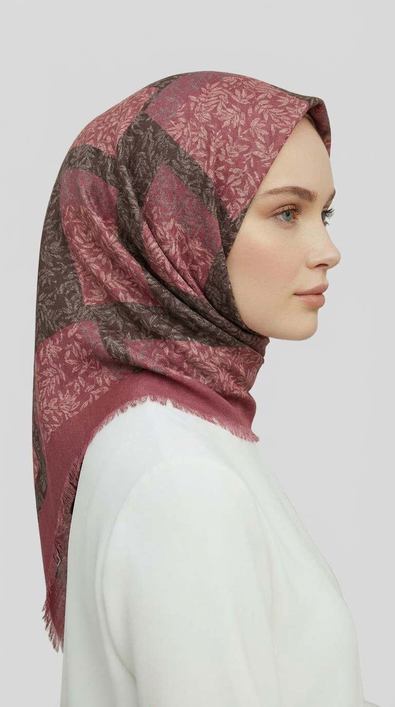 YAPRAK DESEN KIŞLIK YÜN EŞARP - PEMBE ANTRASİT GRİ