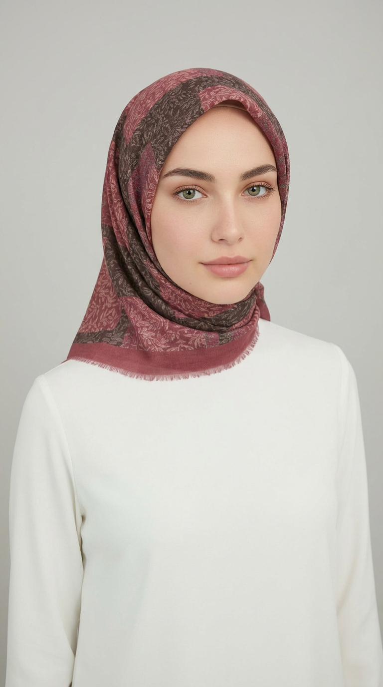 YAPRAK DESEN KIŞLIK YÜN EŞARP - PEMBE ANTRASİT GRİ