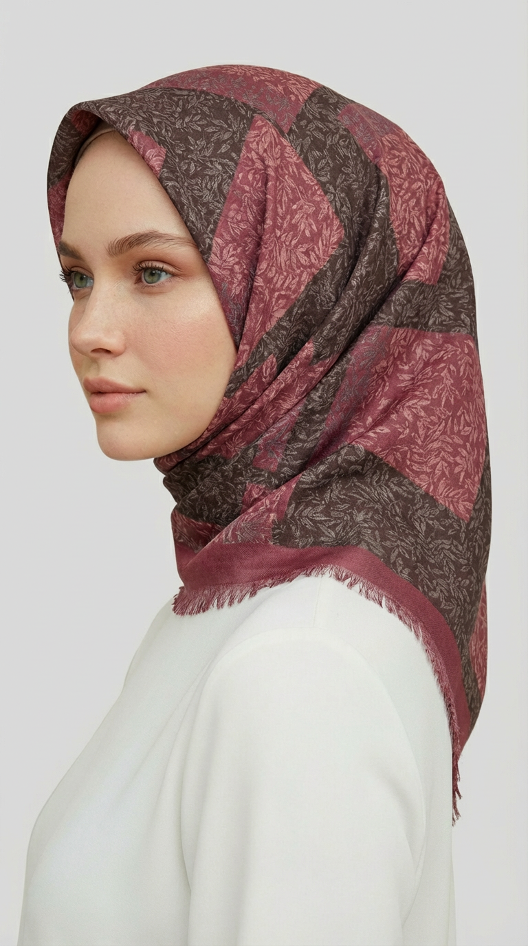 YAPRAK DESEN KIŞLIK YÜN EŞARP - PEMBE ANTRASİT GRİ