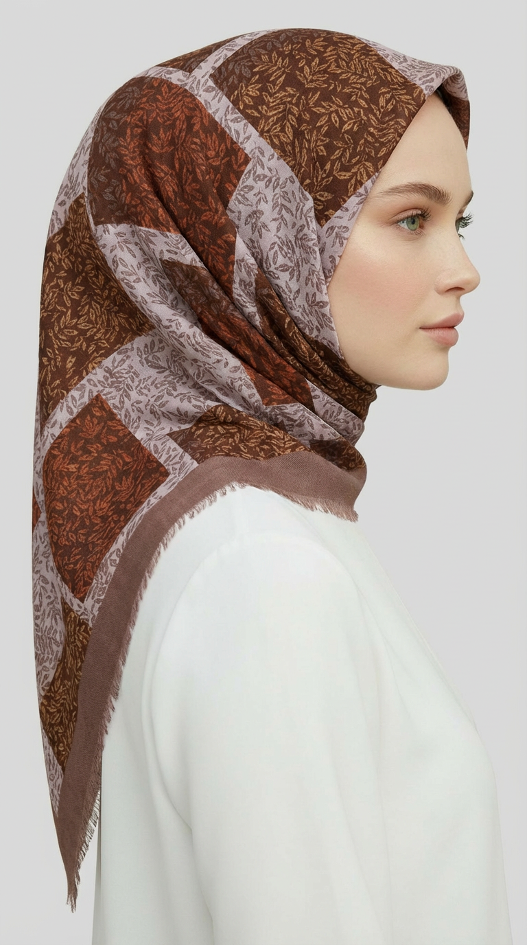 YAPRAK DESENLİ YÜN EŞARP - KAHVERENGİ / KREM 