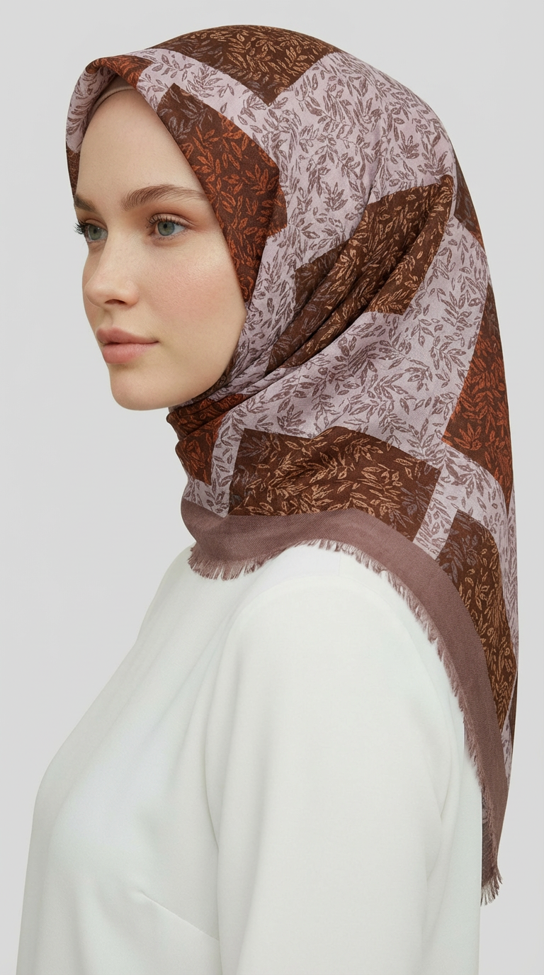 YAPRAK DESENLİ YÜN EŞARP - KAHVERENGİ / KREM 