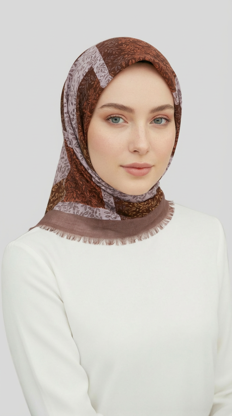 YAPRAK DESENLİ YÜN EŞARP - KAHVERENGİ / KREM 