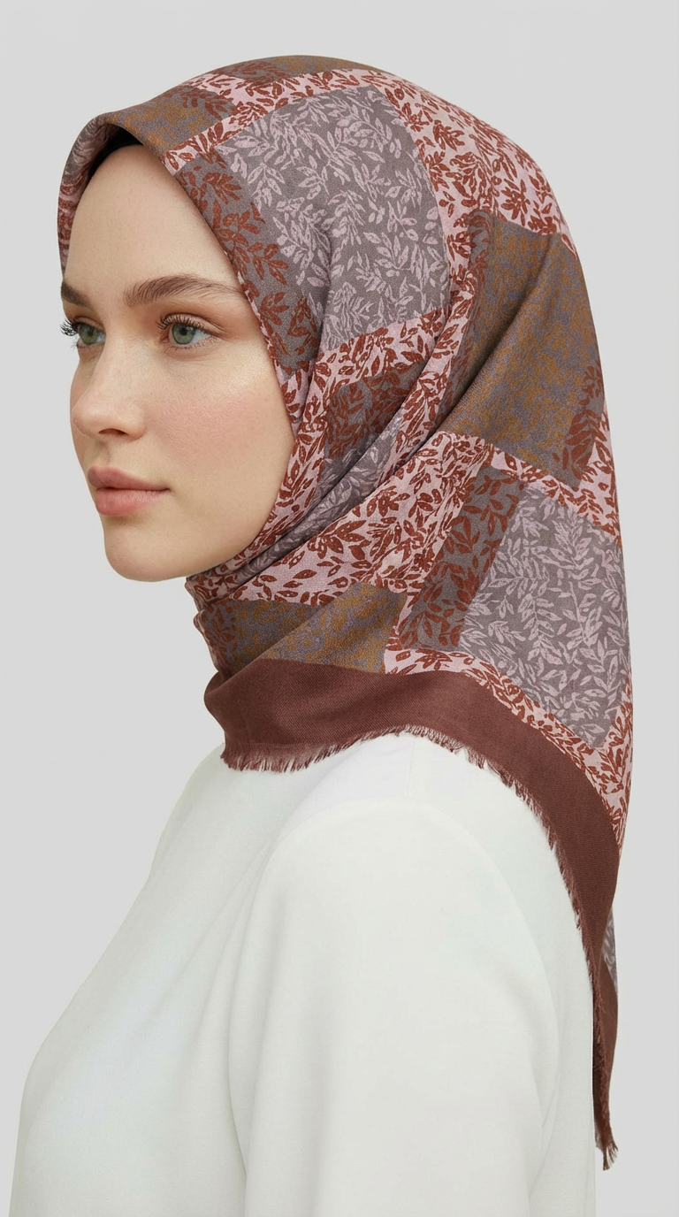 YAPRAK DESENLİ YÜN EŞARP -  KREM / SÜTLÜ KAHVE