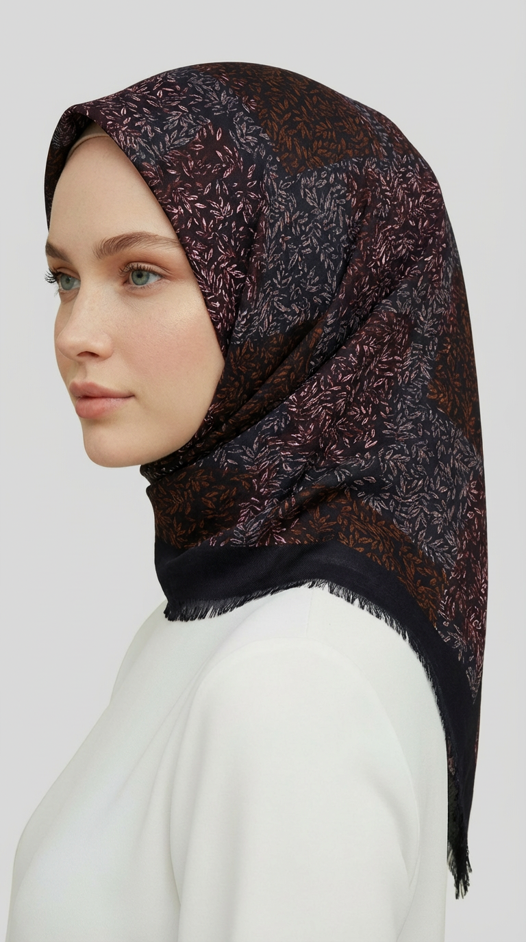 YAPRAK DESENLİ YÜN EŞARP - LACİVERT / KIRMIZI