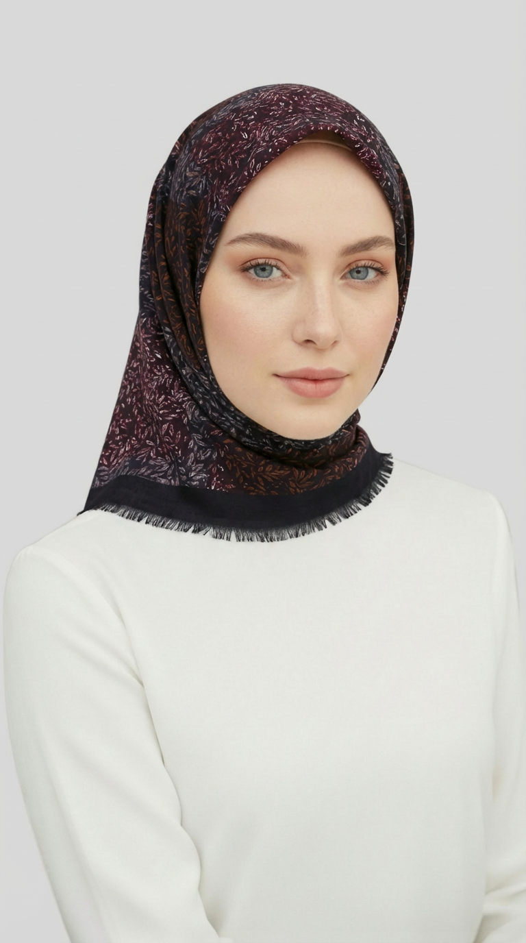 YAPRAK DESENLİ YÜN EŞARP - LACİVERT / KIRMIZI