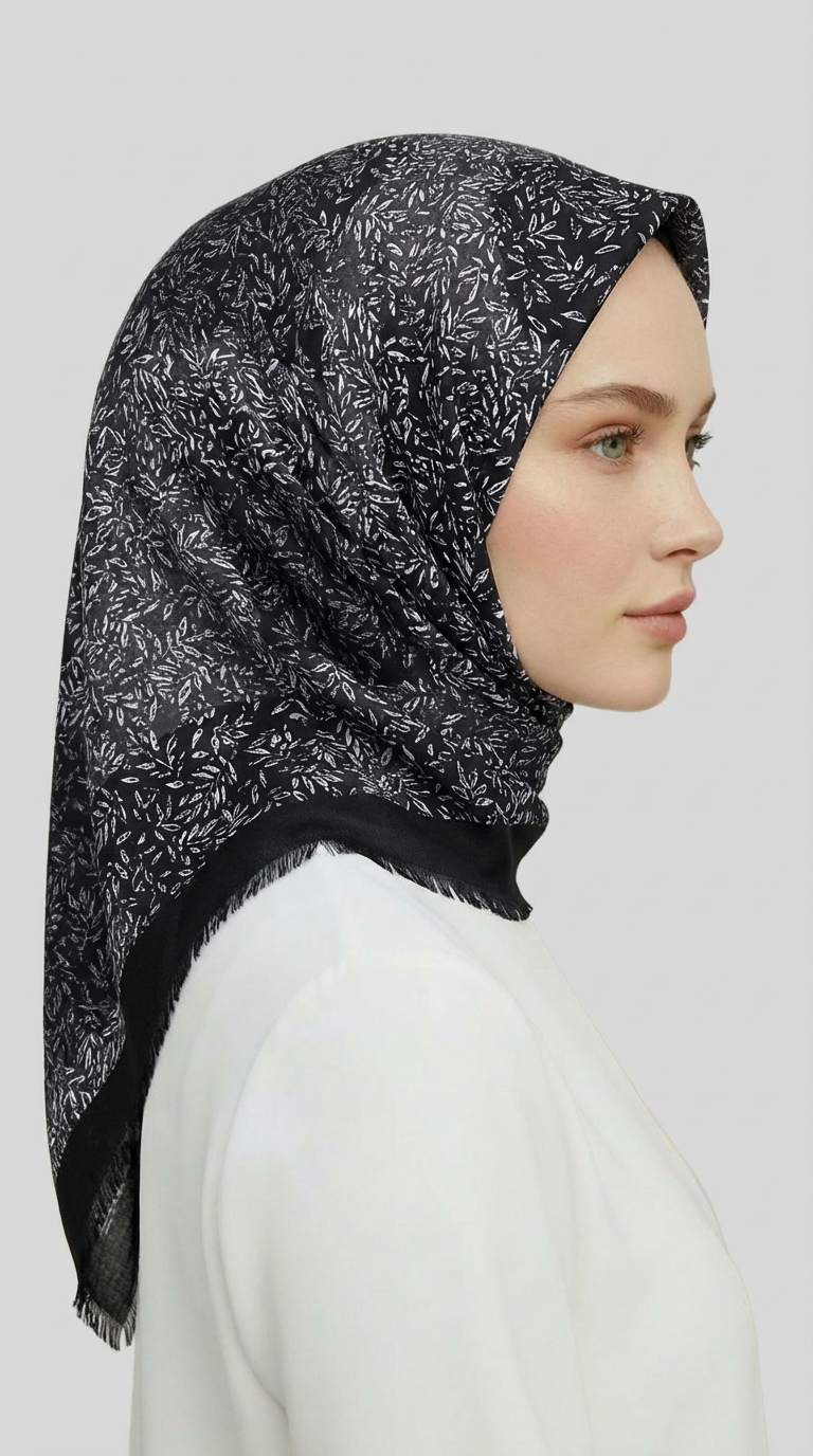 YAPRAK DESENLİ YÜN EŞARP - SİYAH / ANTRASİT GRİ 