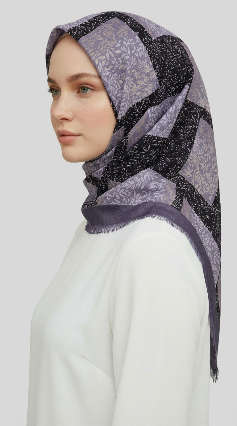YAPRAK DESENLİ YÜN EŞARP - SİYAH GRİ