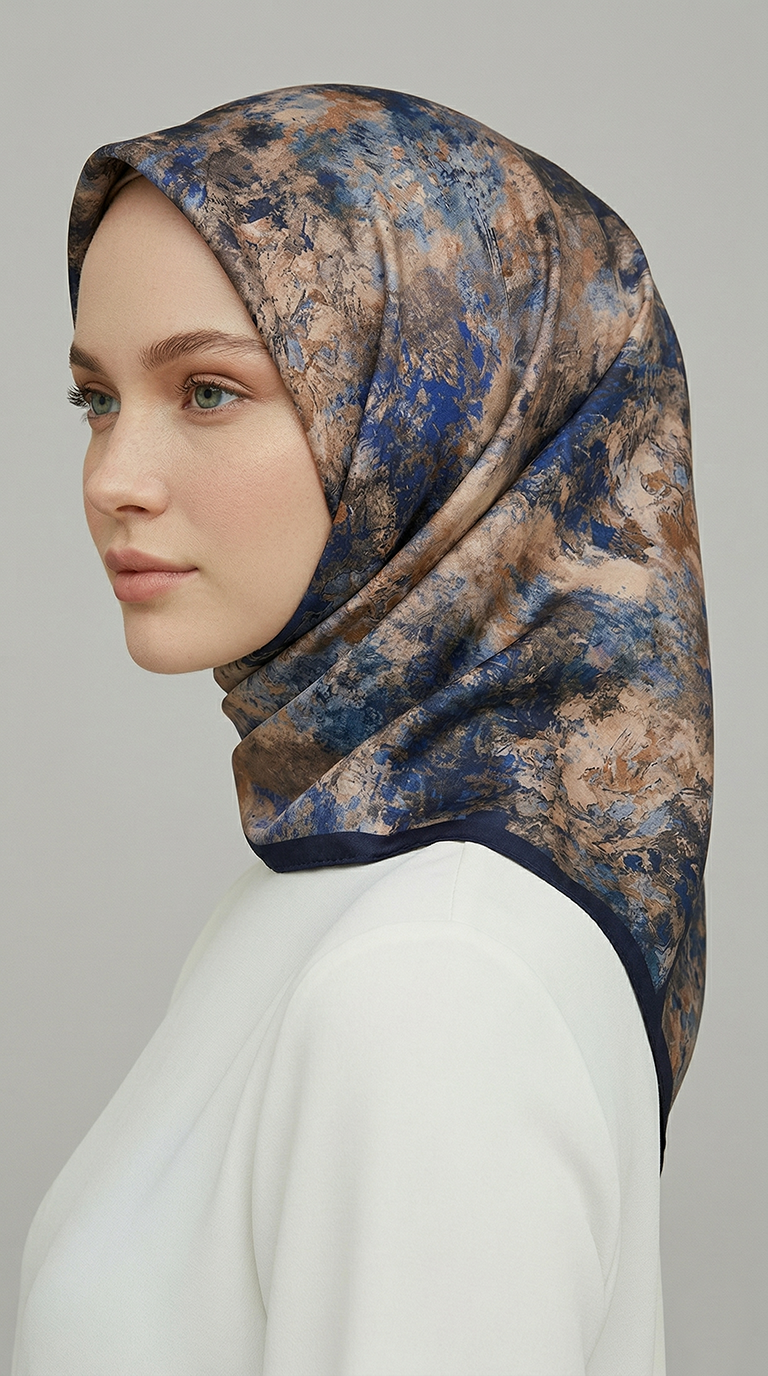 ZARAFET DESENLİ RAYON EŞARP -  LACİVERT / EKRU