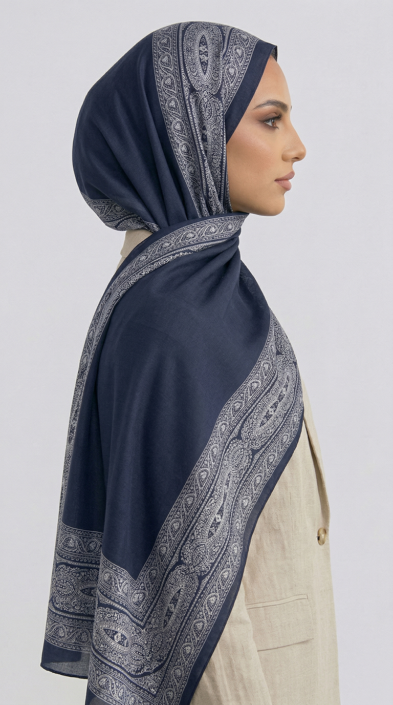 ZİNCİR DESENLİ COTTON ŞAL - LACİVERT / BEYAZ