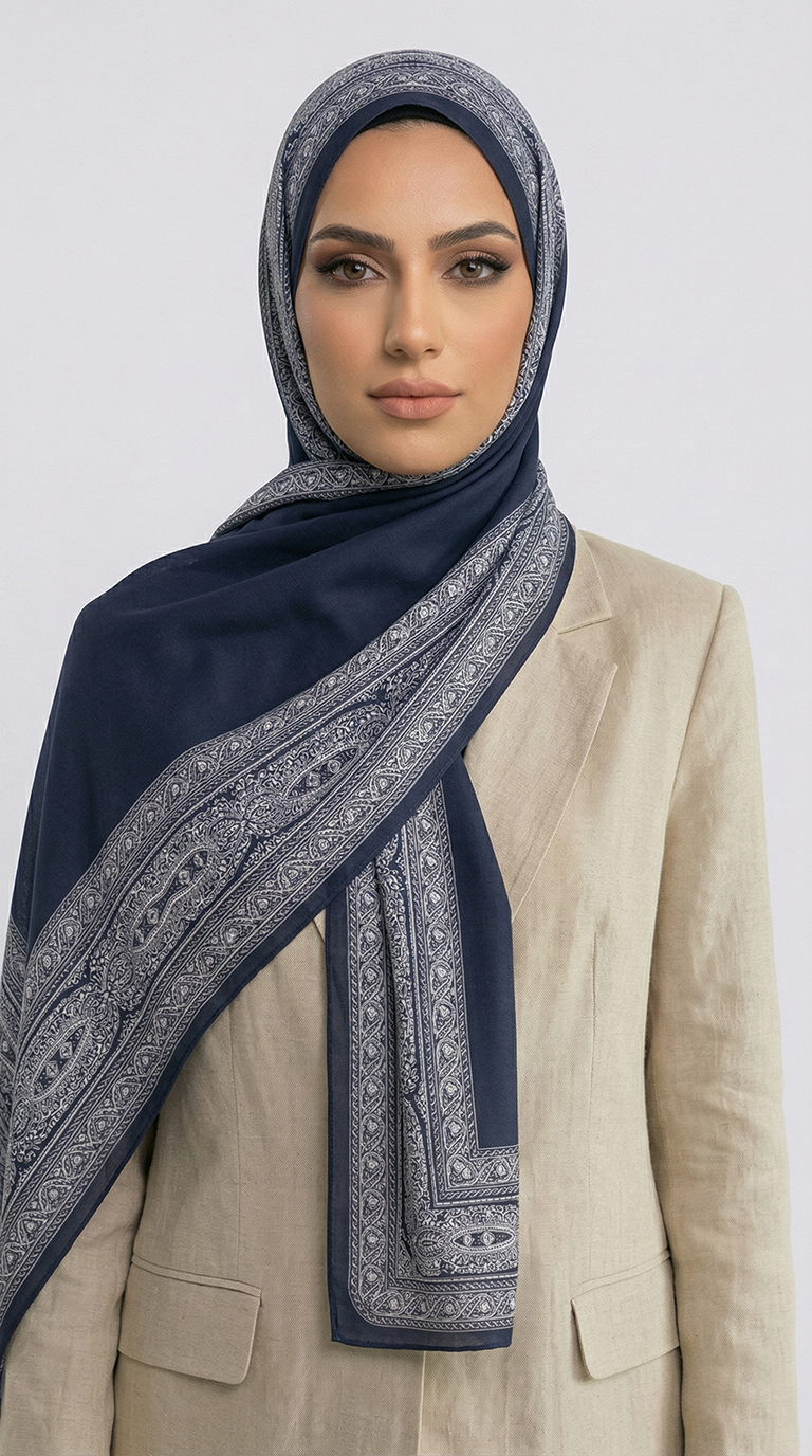 ZİNCİR DESENLİ COTTON ŞAL - LACİVERT / BEYAZ