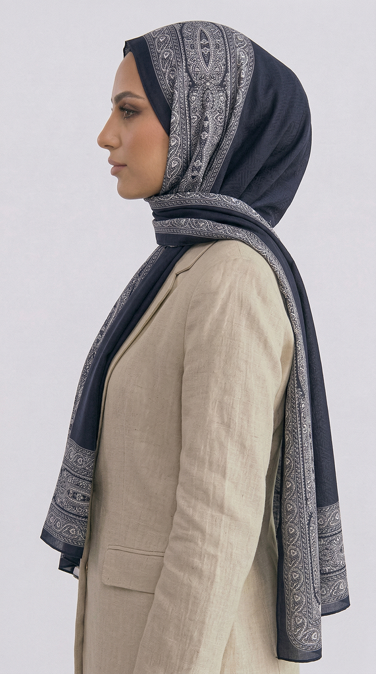ZİNCİR DESENLİ COTTON ŞAL - LACİVERT / BEYAZ