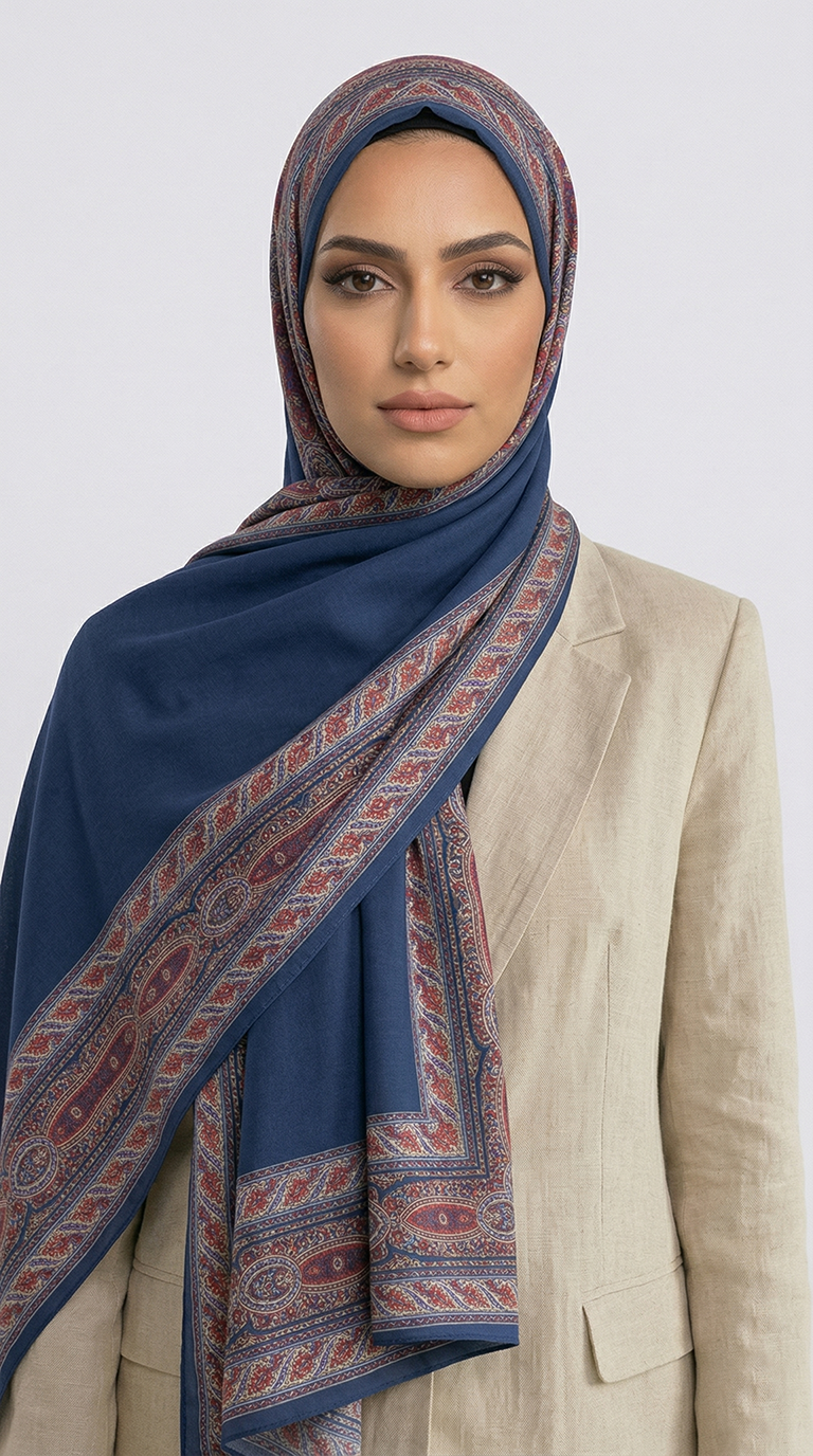 ZİNCİR DESENLİ COTTON ŞAL - LACİVERT / KIRMIZI
