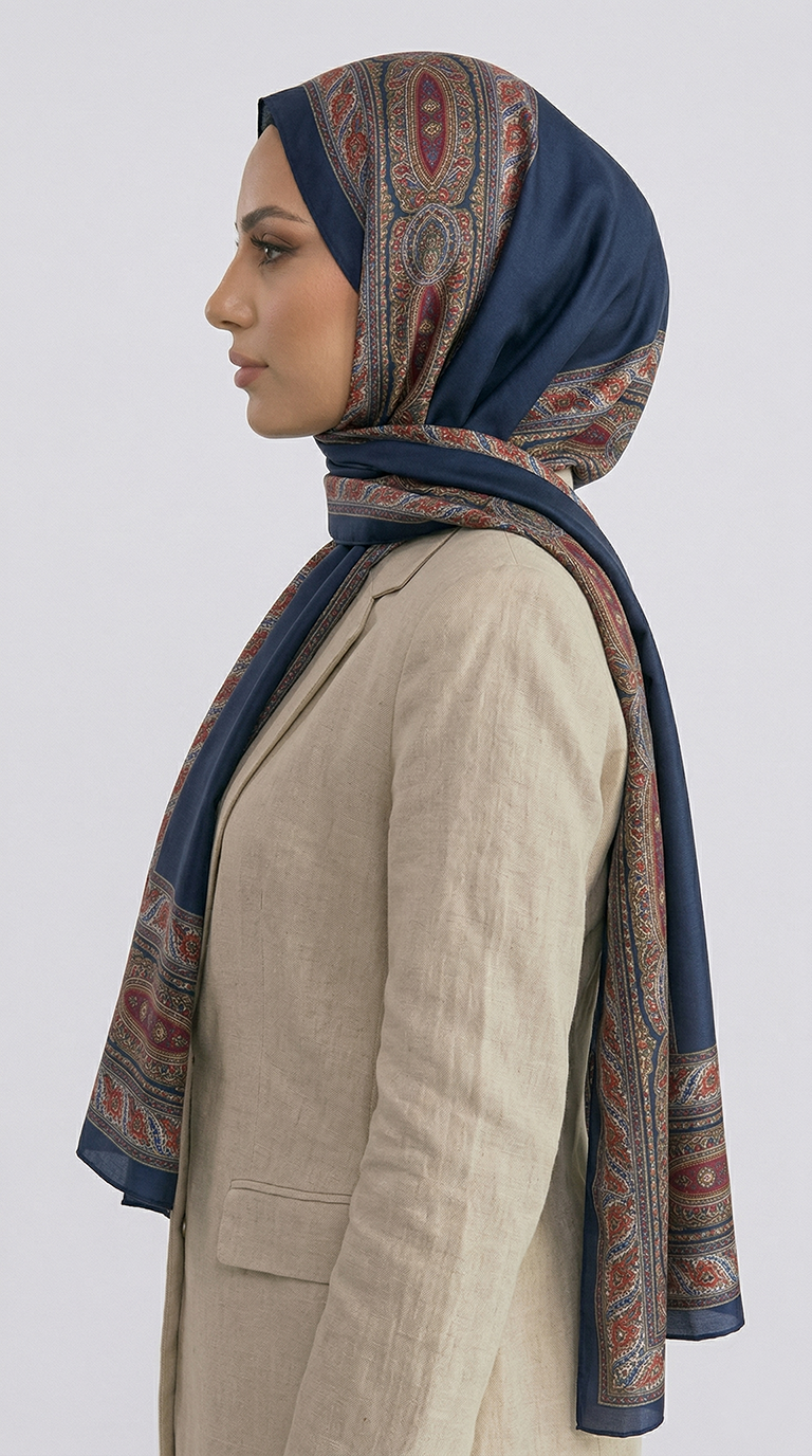ZİNCİR DESENLİ COTTON ŞAL - LACİVERT / KIRMIZI