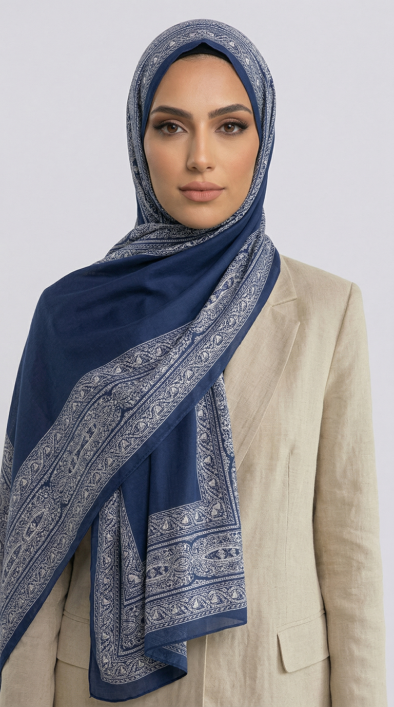 ZİNCİR DESENLİ COTTON ŞAL - LACİVERT