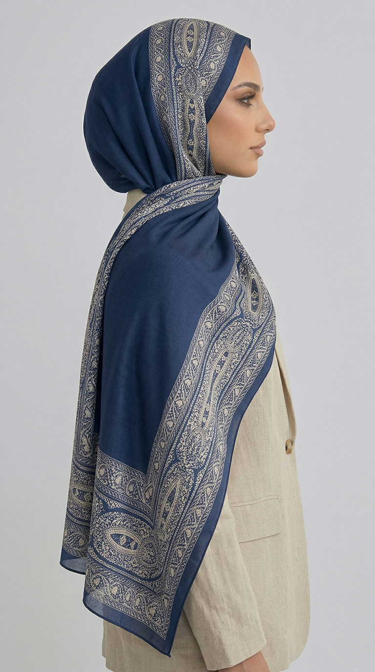 ZİNCİR DESENLİ COTTON ŞAL - LACİVERT