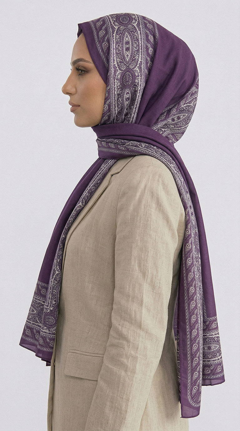ZİNCİR DESENLİ COTTON ŞAL - MOR / KREM