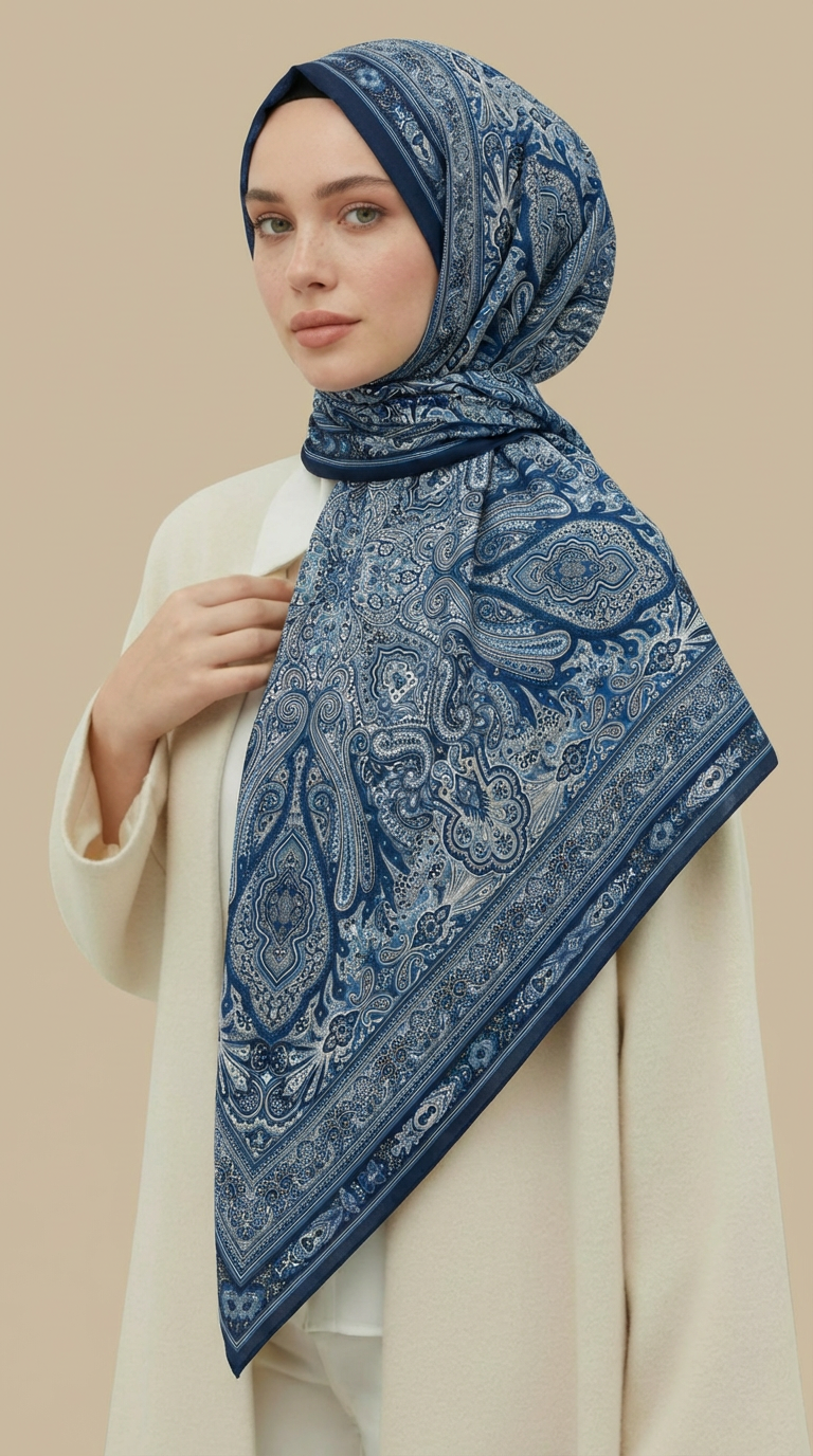 ZÜMRÜT DESENLİ 120 CM COTTON ŞAL EŞARP - MAVİ