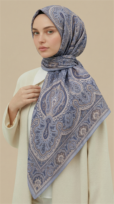  NERİS DESENLİ 120*120 CM COTTON EŞARP - KREM BUZ MAVİSİ