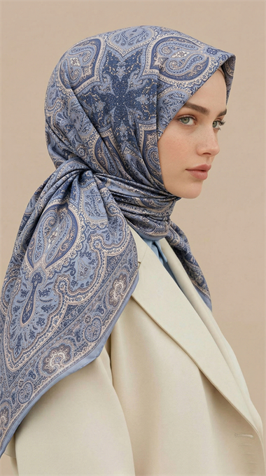  NERİS DESENLİ 120*120 CM COTTON EŞARP - KREM BUZ MAVİSİ