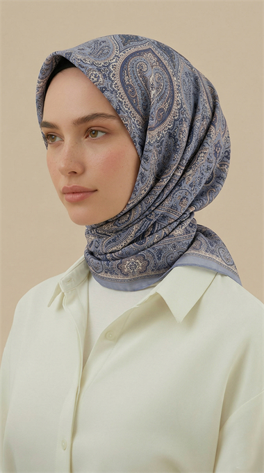  NERİS DESENLİ 120*120 CM COTTON EŞARP - KREM BUZ MAVİSİ