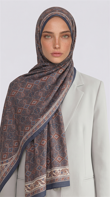 Karaca EşarpCOTTON ŞAL AHENK DESENLİ COTTON ŞAL - LACİVERT / KİREMİT