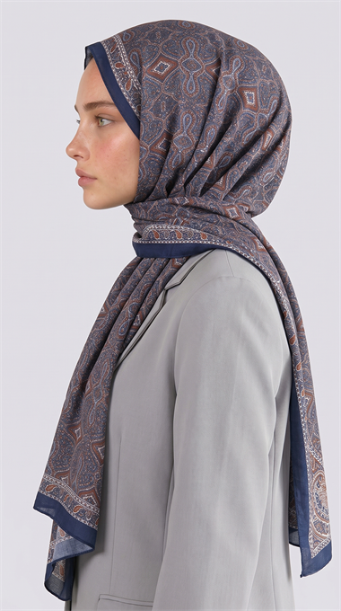 AHENK DESENLİ COTTON ŞAL - LACİVERT / KİREMİT