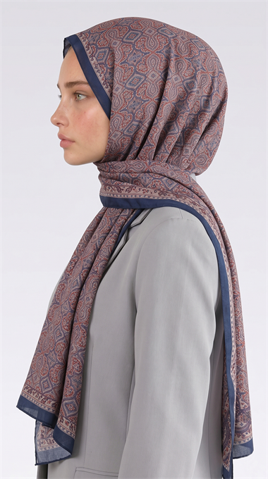 AHENK DESENLİ COTTON ŞAL - LACİVERT / KREM