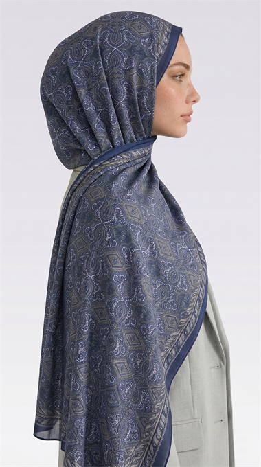AHENK DESENLİ COTTON ŞAL - LACİVERT
