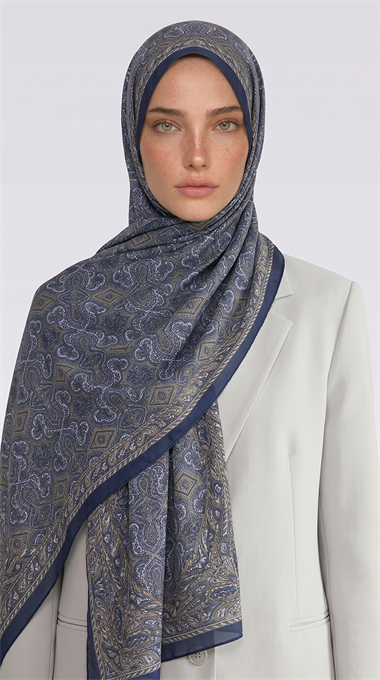 AHENK DESENLİ COTTON ŞAL - LACİVERT