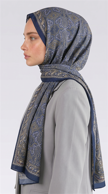 AHENK DESENLİ COTTON ŞAL - LACİVERT