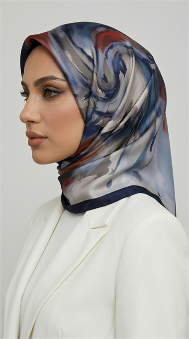 AKIŞ DESENLİ RAYON EŞARP -  LACİVERT  / KIRMIZI