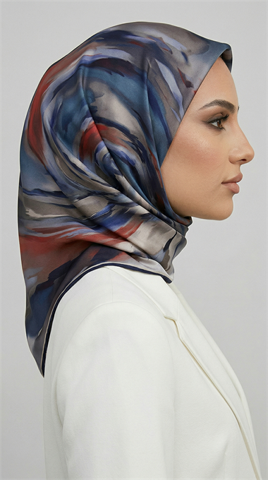 AKIŞ DESENLİ RAYON EŞARP -  LACİVERT  / KIRMIZI