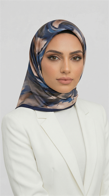 AKIŞ DESENLİ RAYON EŞARP -  LACİVERT / KREM