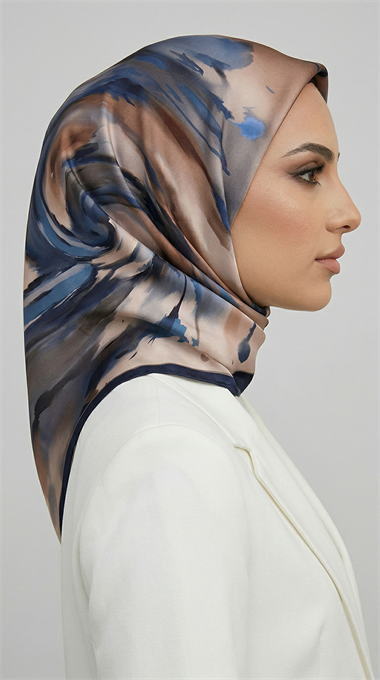AKIŞ DESENLİ RAYON EŞARP -  LACİVERT / KREM