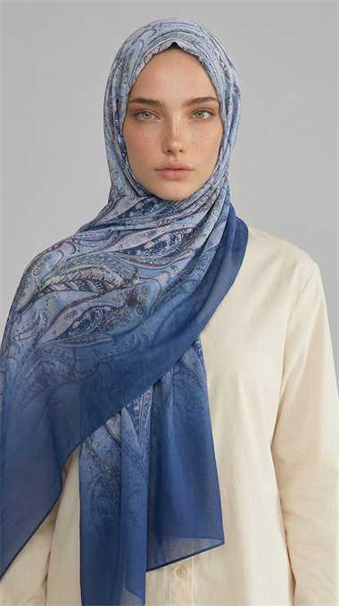 ALMERA DESENLİ COTTON ŞAL - BUZ MAVİSİ