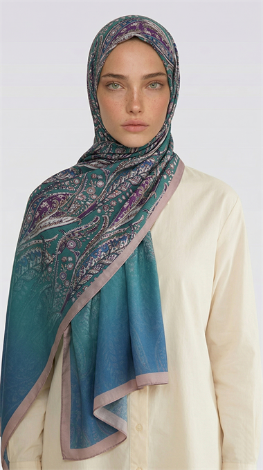 ALMERA DESENLİ COTTON ŞAL - KREM / SU YEŞİLİ