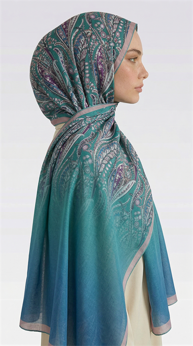 ALMERA DESENLİ COTTON ŞAL - KREM / SU YEŞİLİ