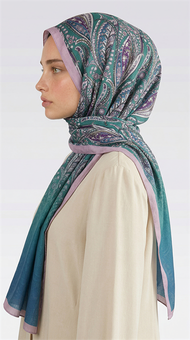 ALMERA DESENLİ COTTON ŞAL - KREM / SU YEŞİLİ