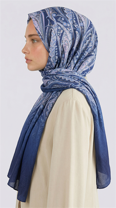 ALMERA DESENLİ COTTON ŞAL - LACİVERT / BEYAZ