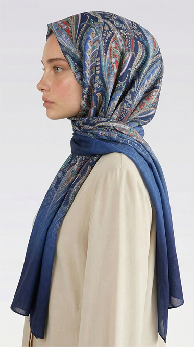 ALMERA DESENLİ COTTON ŞAL - LACİVERT / KİREMİT 