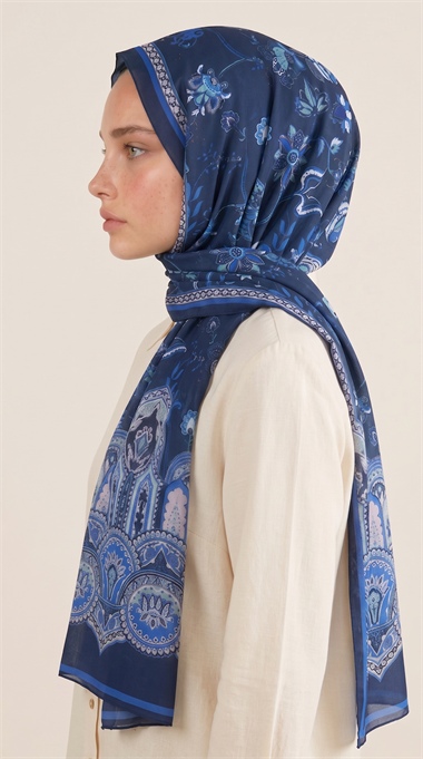 ALYA ETNİK DESENLİ COTTON ŞAL - LACİVERT / 