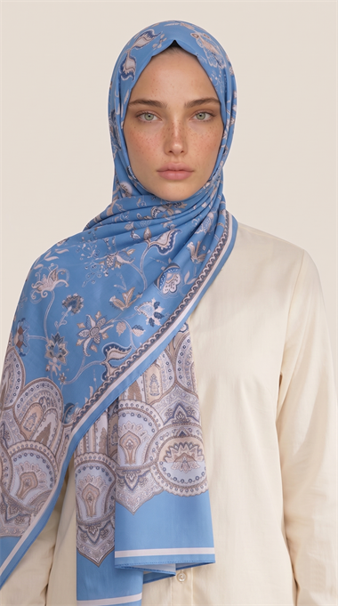 ALYA ETNİK DESENLİ COTTON ŞAL - MAVİ / KREM 