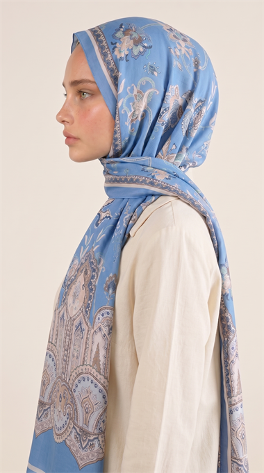ALYA ETNİK DESENLİ COTTON ŞAL - MAVİ / KREM 