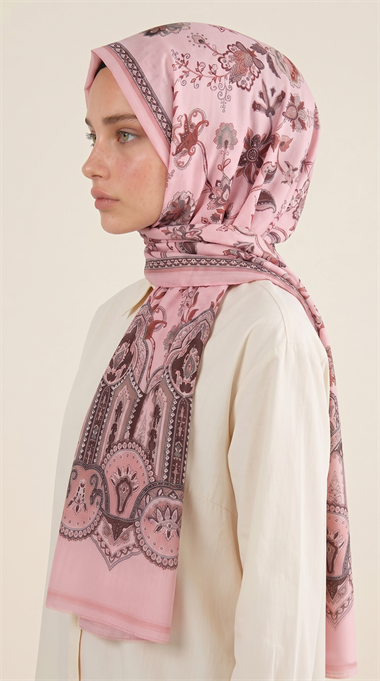 ALYA ETNİK DESENLİ COTTON ŞAL - PEMBE / KAHVERENGİ