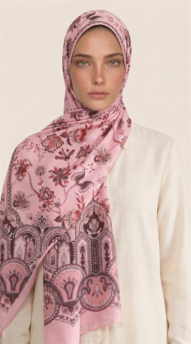 Karaca EşarpCOTTON ŞAL ALYA ETNİK DESENLİ COTTON ŞAL - PEMBE / KAHVERENGİ