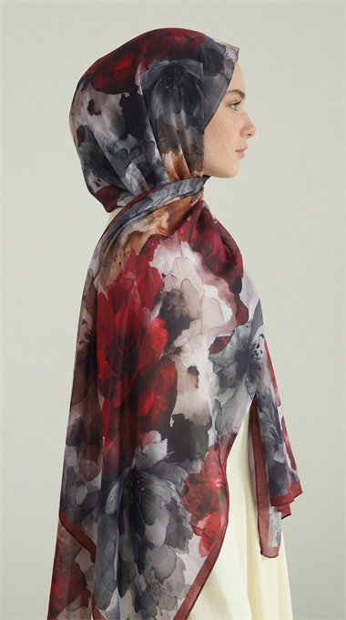 ÇİÇEK DESENLİ COTTON ŞAL - BORDO / GRİ 