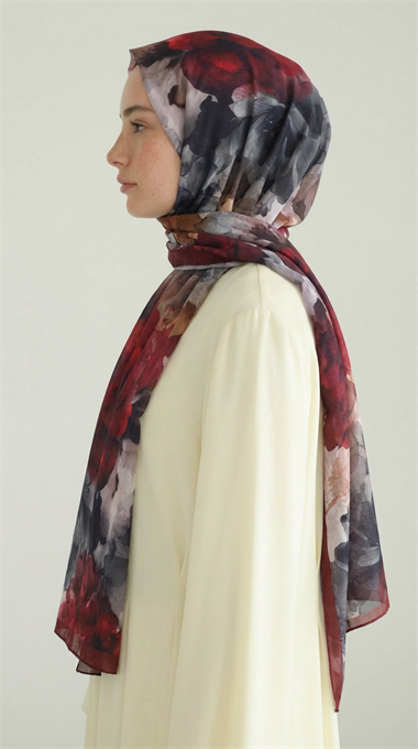ÇİÇEK DESENLİ COTTON ŞAL - BORDO / GRİ 