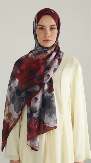 ÇİÇEK DESENLİ COTTON ŞAL - BORDO / GRİ 