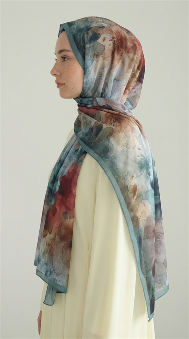 ÇİÇEK DESENLİ COTTON ŞAL - BUZ MAVİSİ / BEJ