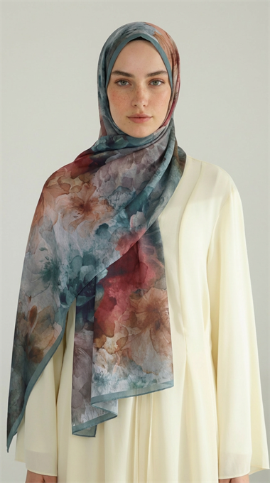ÇİÇEK DESENLİ COTTON ŞAL - BUZ MAVİSİ / BEJ